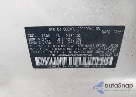 2021 Subaru Legacy Touring Xt z USA, uszkodzony, nr VIN 4S3BWGP63M3020239